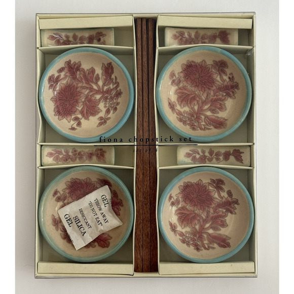 NIB Pier 1 FIONA Set of 4 Chopsticks, Pink Floral Ceramic Rests & Dipping Bowls - Picture 2 of 10